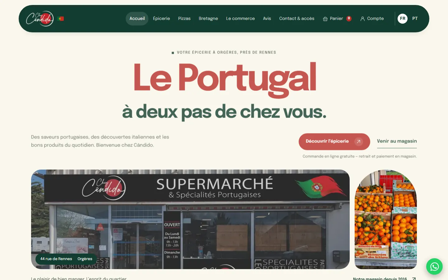 Accueil de la démonstration Chez Cândido, avec identité portugaise et photo du commerce