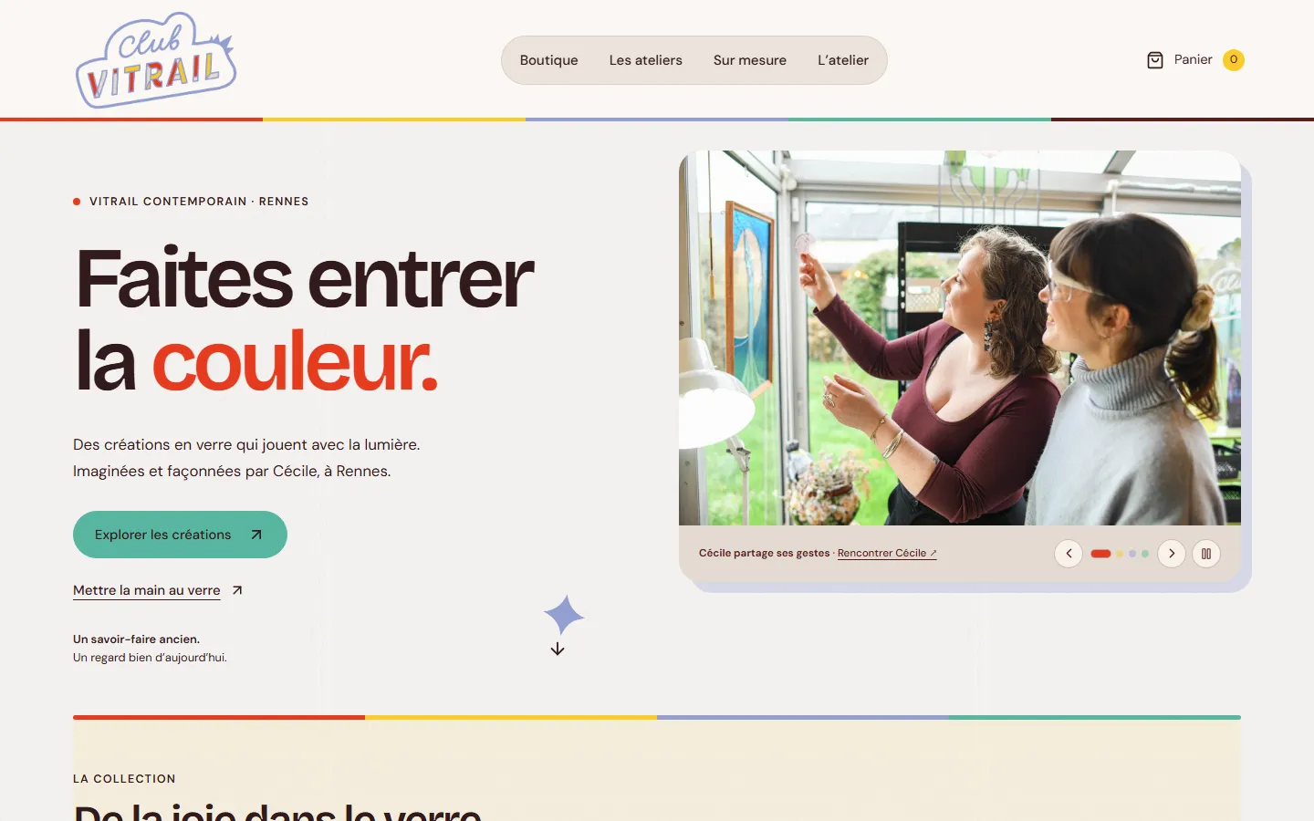 Accueil de Club Vitrail avec l'univers coloré de la créatrice et une photo de son atelier